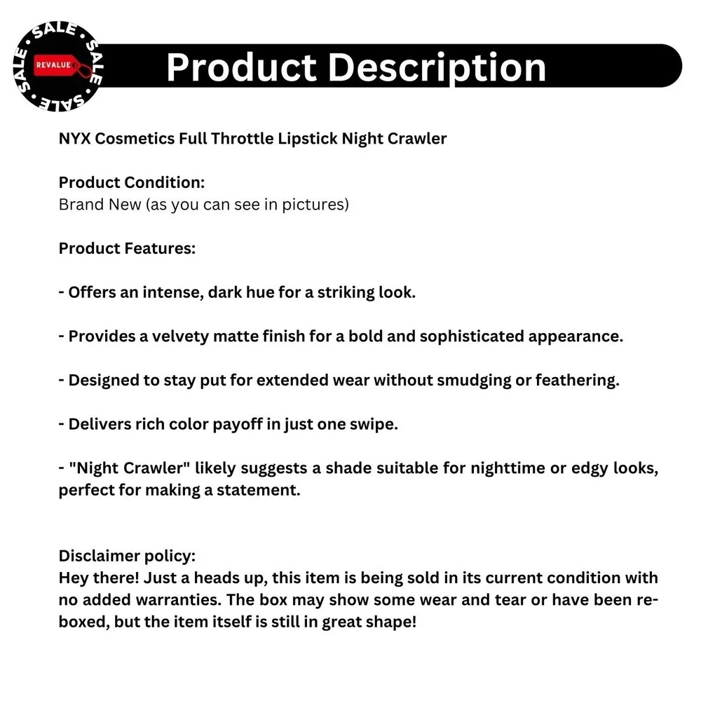 NYX‎ PROFESSIONAL MAKEUP Cosmetics Full Throttle Lipstick Night Crawler FTLS06